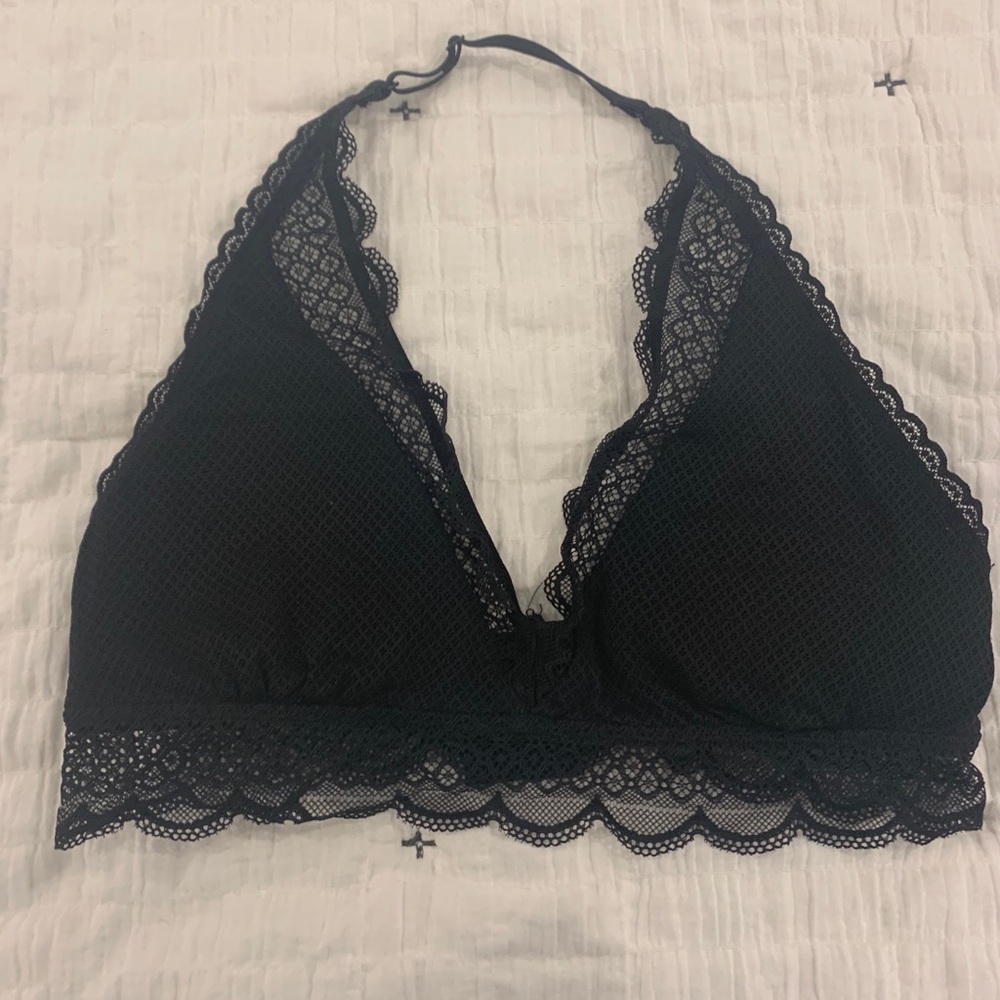 Aerie Black Mesh Halter Bralette, Size Medium